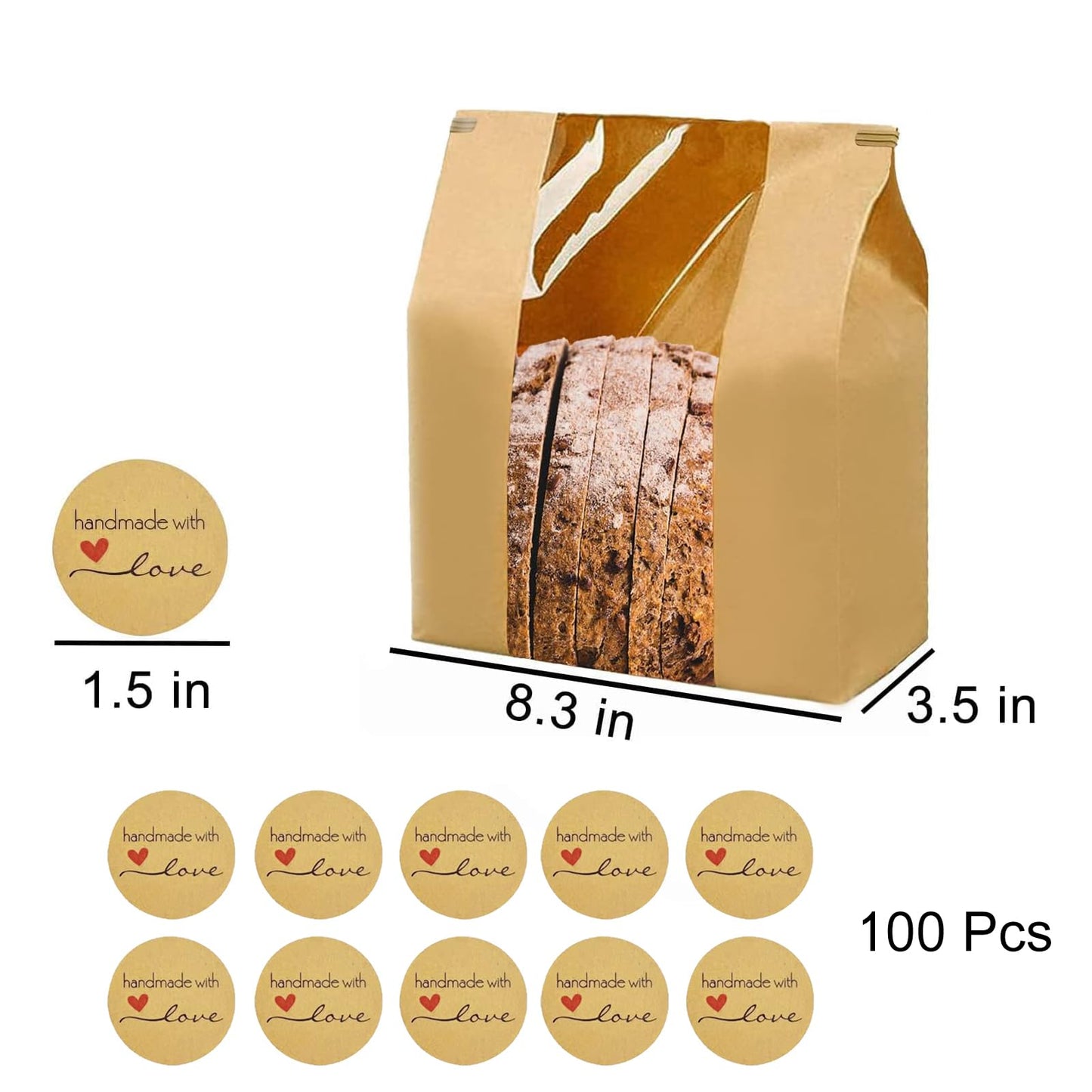 NOONEAST 50 Pack Large Paper Bread Bags for Homemade Bread Sourdough Bags 14" x 8.3" x 3.5" with Tin Tie Tab Lock Clear Front Window Bakery Bag Packaging Cookie Bag with Label Seal Stickers