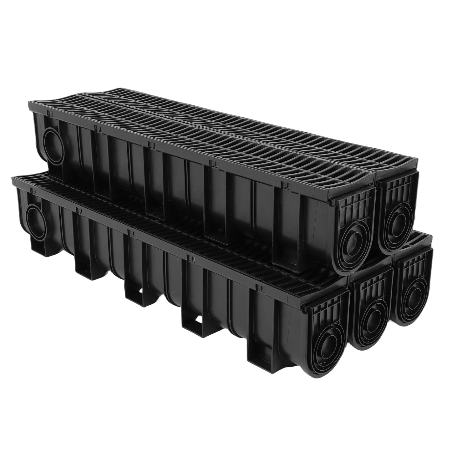 Trench Drain System, Channel Drain with Plastic Grate, 5.9x7.5-Inch HDPE Drainage Trench, 5x39 Trench Drain Grate, with 5 End Caps Black Plastic Trench Drain, for Garden, Driveway-5 Pack