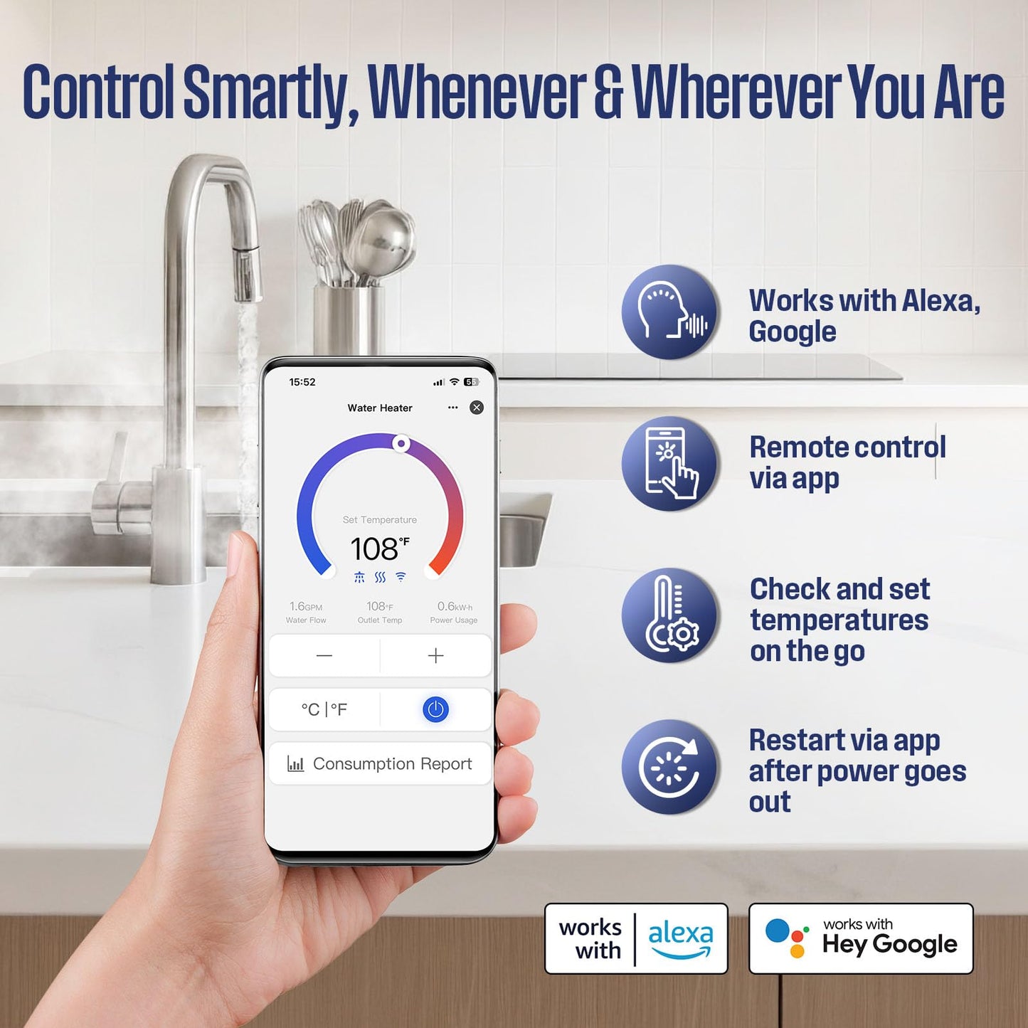 Westinghouse Apolo Mini 8kW Tankless Water Heater Electric, 240V Instant Hot Water Heater, Under Sink Water Heater Electric, Smart WiFi Control, Compatible with Alexa & Google Home, Gray