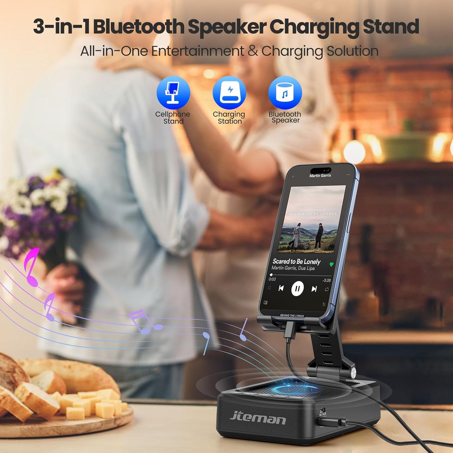JTEMAN Cell Phone Stand with Bluetooth Speaker,HD Sound Adjustable Phone Holder,Birthday Gifts for Men Women, Cool Tech