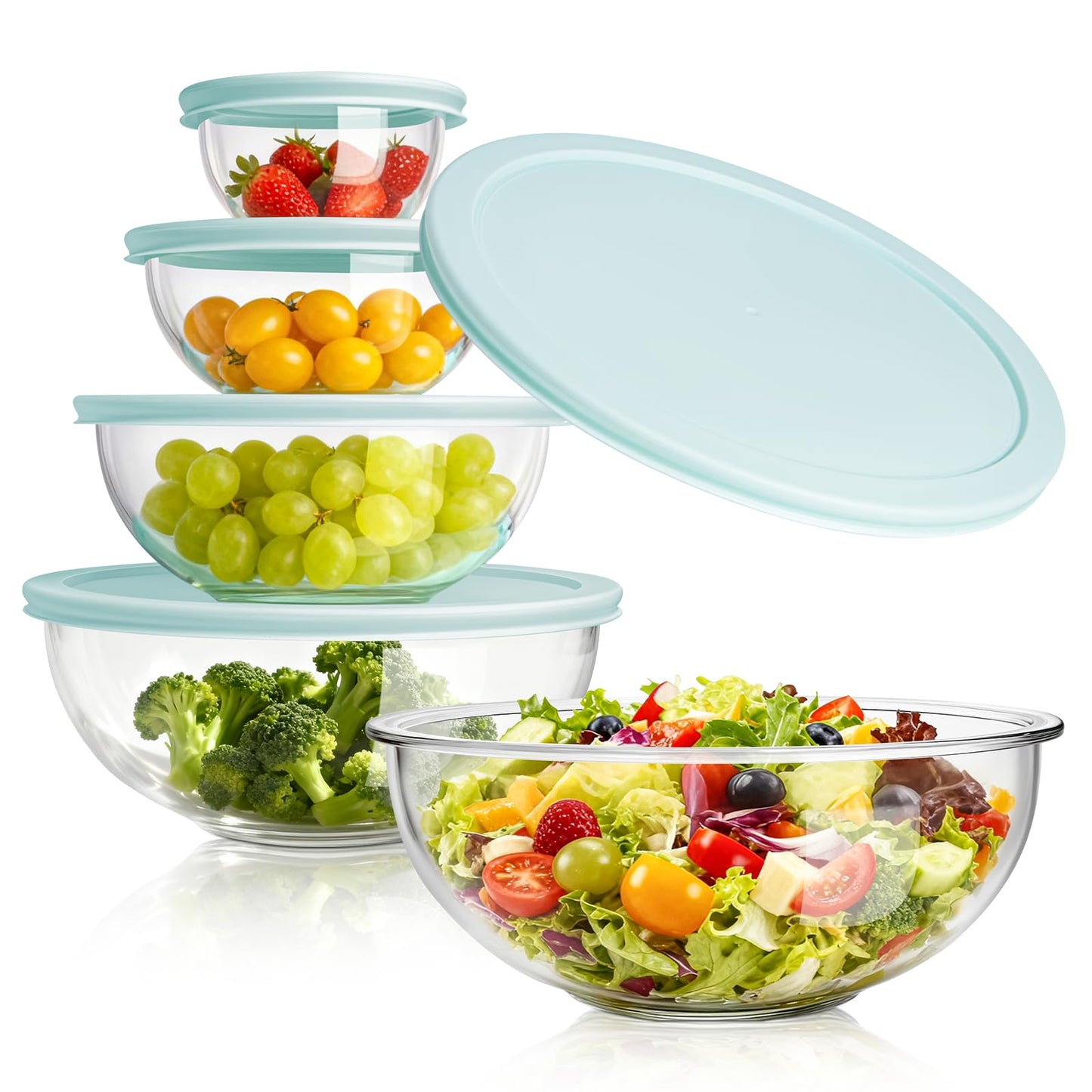 WhiteRhino Glass Mixing Bowl with Lids Set of 5, 0.2, 0.5, 1.1, 2.1, 3.75 QT, Large Salad Bowls with BPA-Free Lids, Space-Saving Nesting Bowls for Kitchen Food Storage, Glass bowl for Cooking, Baking
