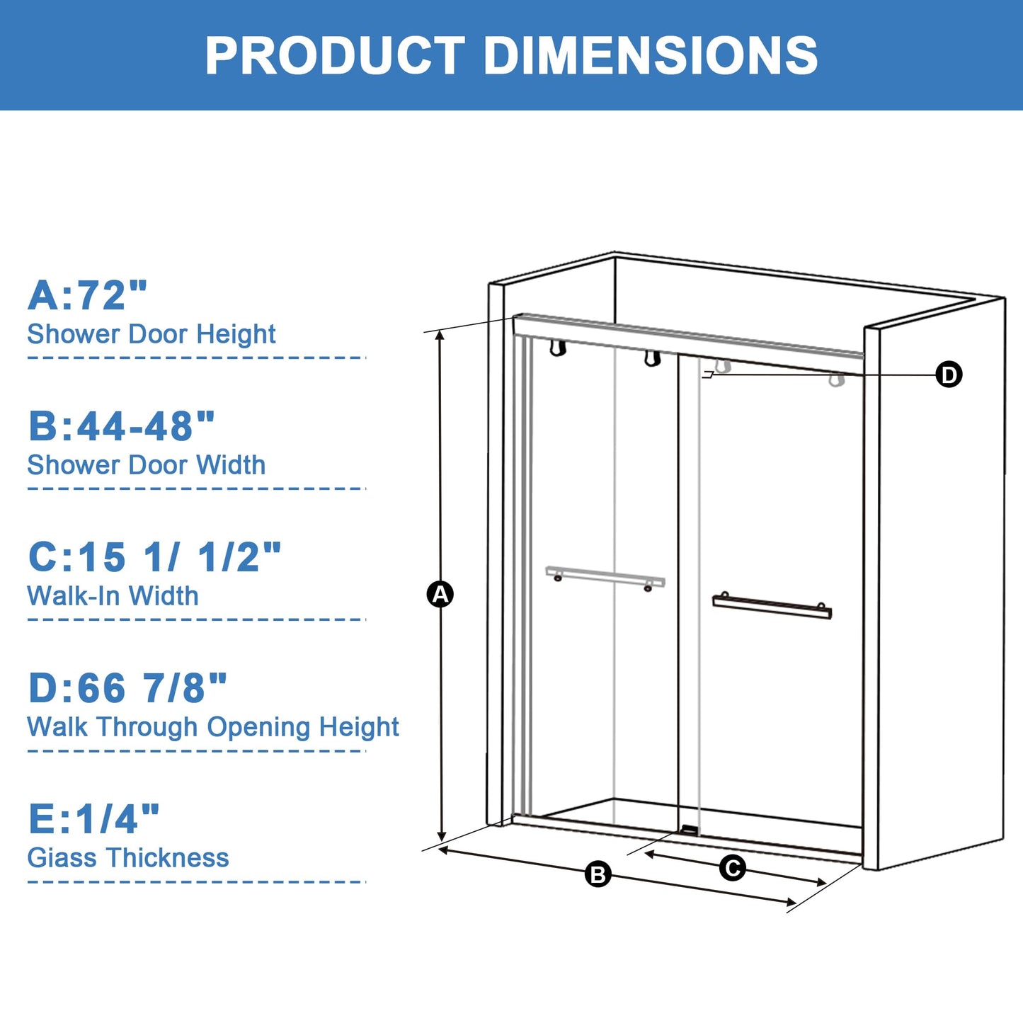 BoBliss 44-48" W x 72" H Double Sliding Shower Door, Semi-Frameless Shower Door with 1/4''(6mm) Clear Tempered Glass, Aluminum Alloy Frame and 304 Stainless Steel Door Handle, Matte Black