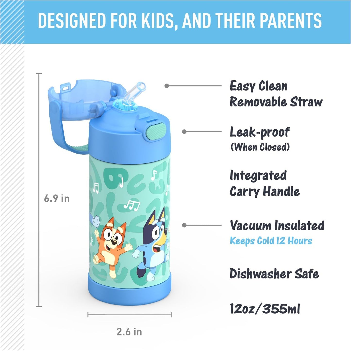 THERMOS FUNTAINER Water Bottle - 12 Ounce Kids Stainless Steel Vacuum Insulated with Straw - Bluey Design