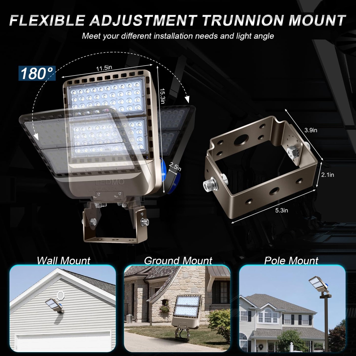 ledmo LED Parking Lot Lights 200W LED Flood Light Outdoor 28000LM 5000K Exterior Trunnion Mount Dusk to Dawn Area Commercial Street Wall Mount IP65 3 Pack Stadium Shop Barn Garage