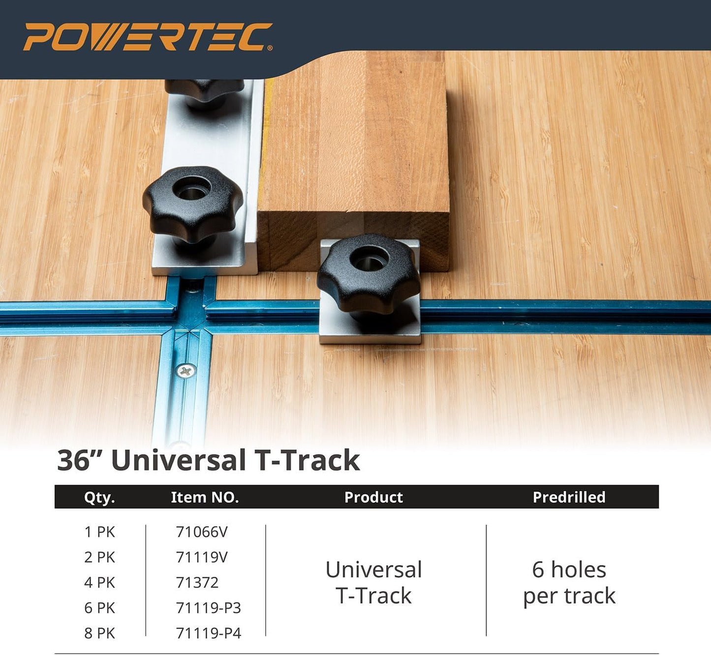 POWERTEC 71372V 36 Inch Double-Cut Profile Universal T-Track with Predrilled Mounting Holes, 4 Pack, T Track for Woodworking Jigs and Fixtures, Drill Press Table, Router Table, Workbench