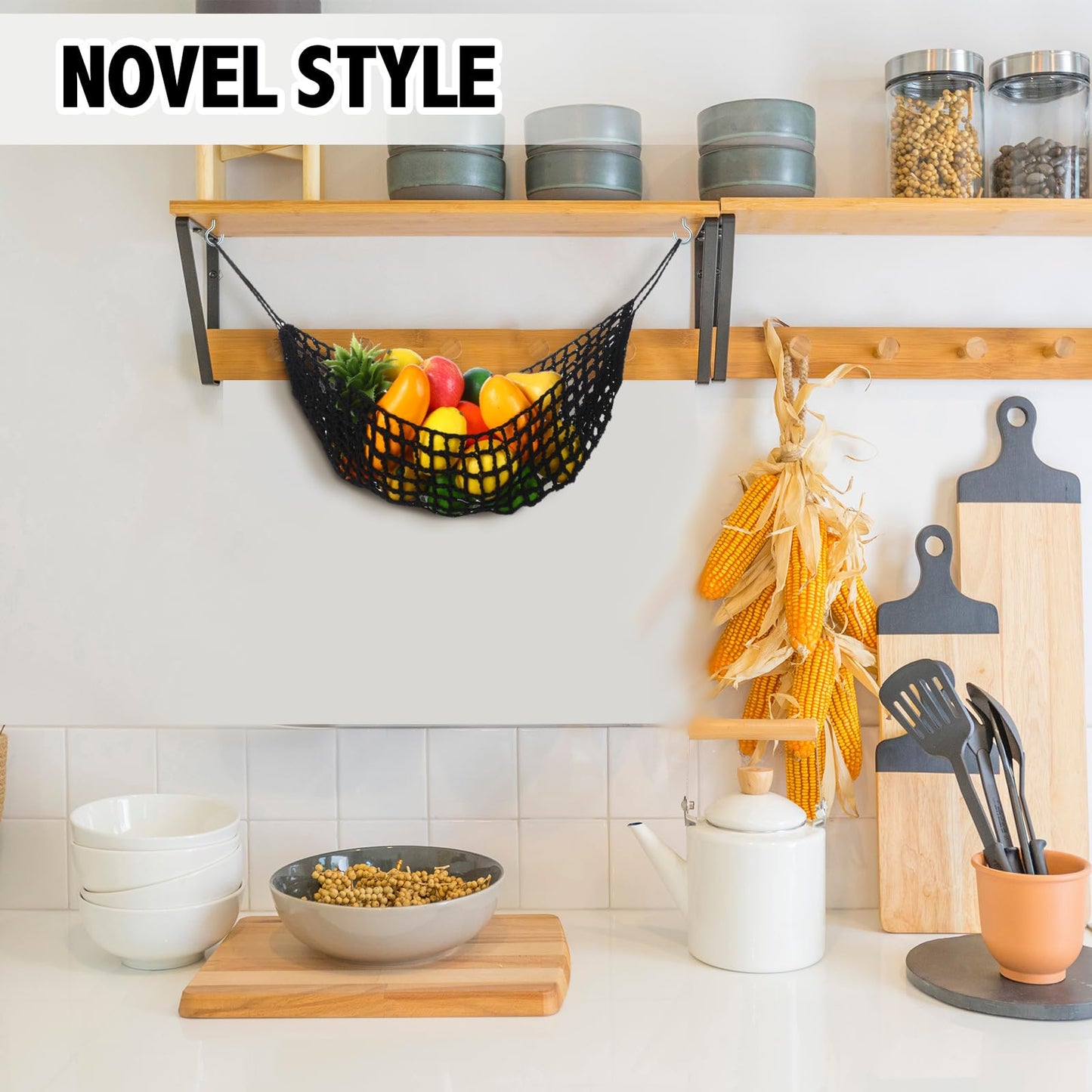 Xuhal 2 Pcs 11.8 x 20 Inch Large Macrame Fruit Hammock Under Cabinet Veggie Banana Hammock Hanging Fruit Basket Saves Counter Space for Kitchen Hand-woven Lace Hanging Basket (Black Style)