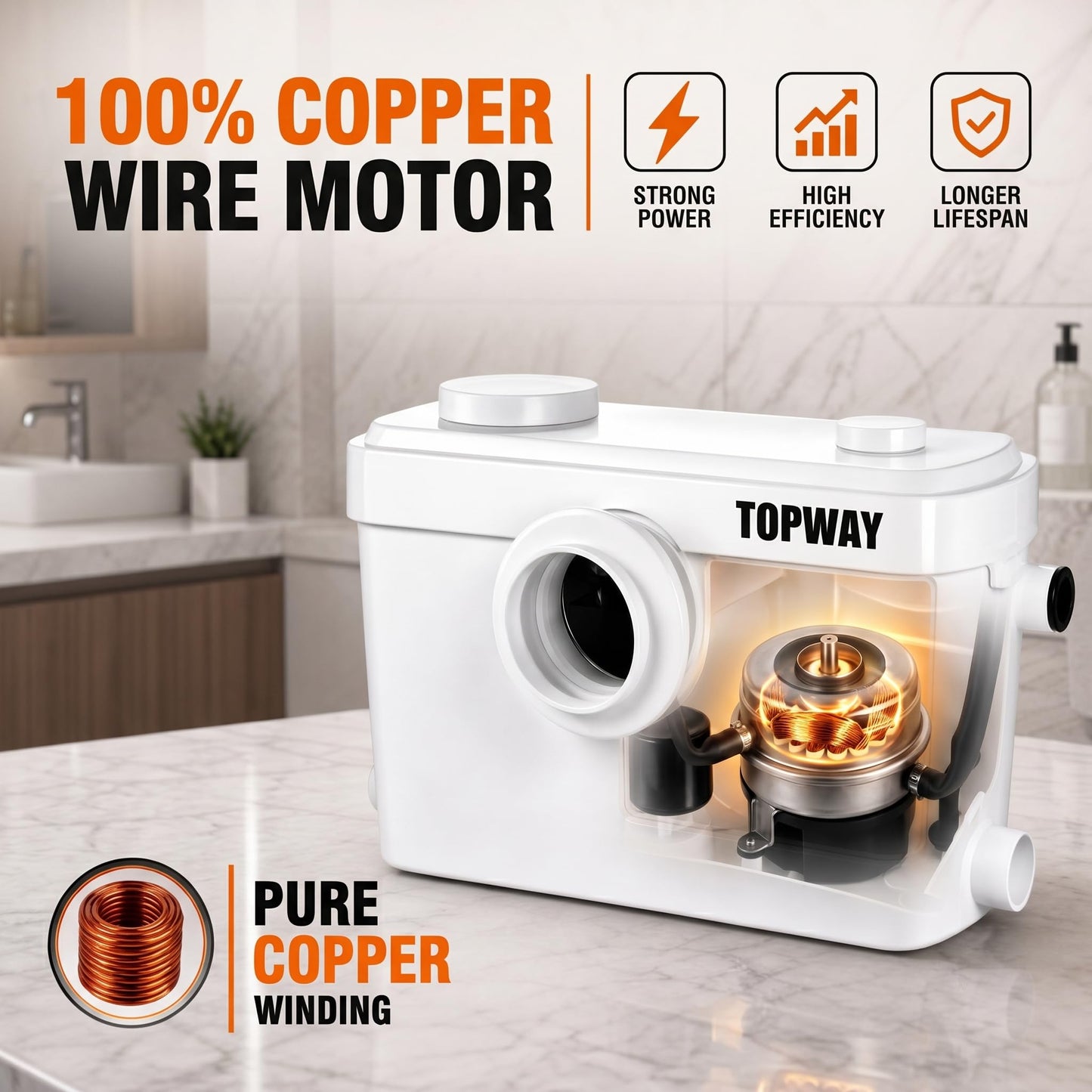 TOPWAY 900W Macerator Pump, 2800GPH Macerating Toilet System with 3 Inlets, Sewage Pump for Basement Upflush System Kitchen, Sink, Shower, Bathtub, Laundry Waste Water Disposal