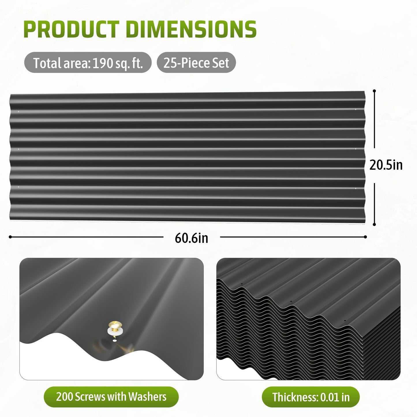 Corrugated Metal Roof Panels 25Pcs 60.6×20.5 Inches with Screws, Outdoor Steel Roofing Panels Wall Panel Sheets for Sheds, Chicken Coops, Terraces, and Garages, Black