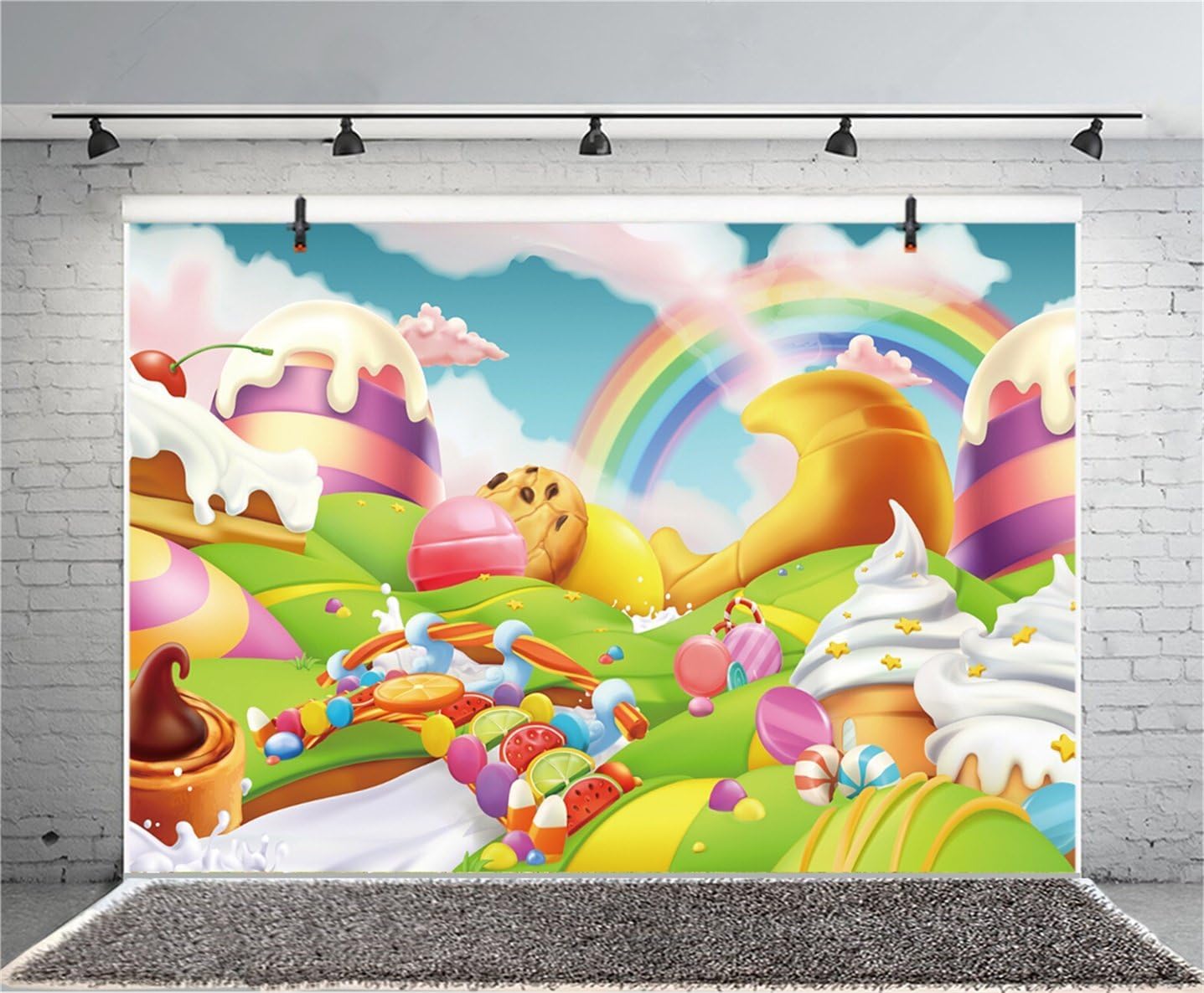 AOFOTO 5x3ft Candyland Backdrop Fantasy Giant Lollipop Candy Land Candy Themed Party Decorations Banner Cartoon Rainbow