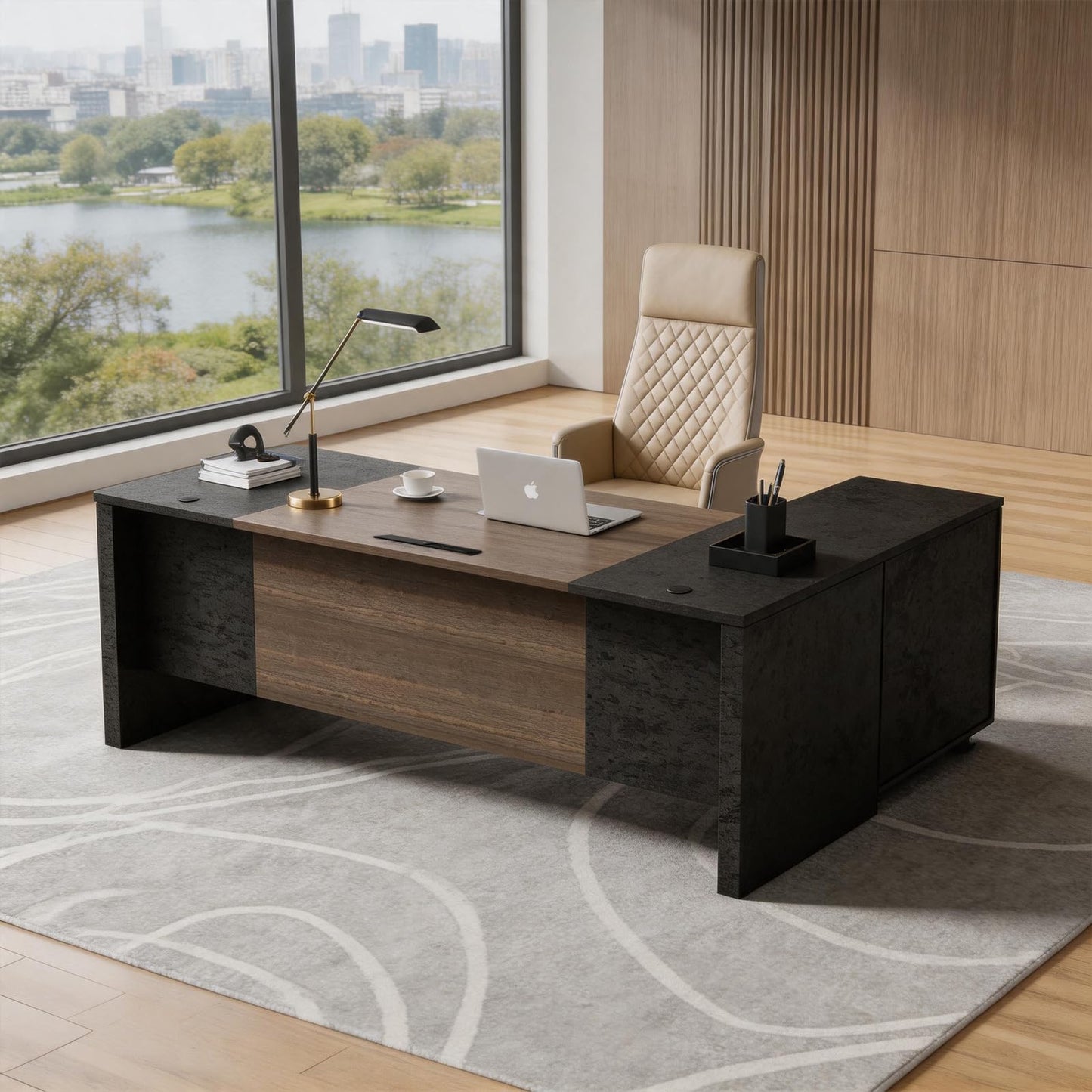 SAINTCY Executive Office Desk with Mobile File Cabinet, L Shaped Desk with Power Outlet & Drawers, Modern Wood Office Desk for Home Office, Studio & Business Workspace (Dark Walnut, 78.75" W)