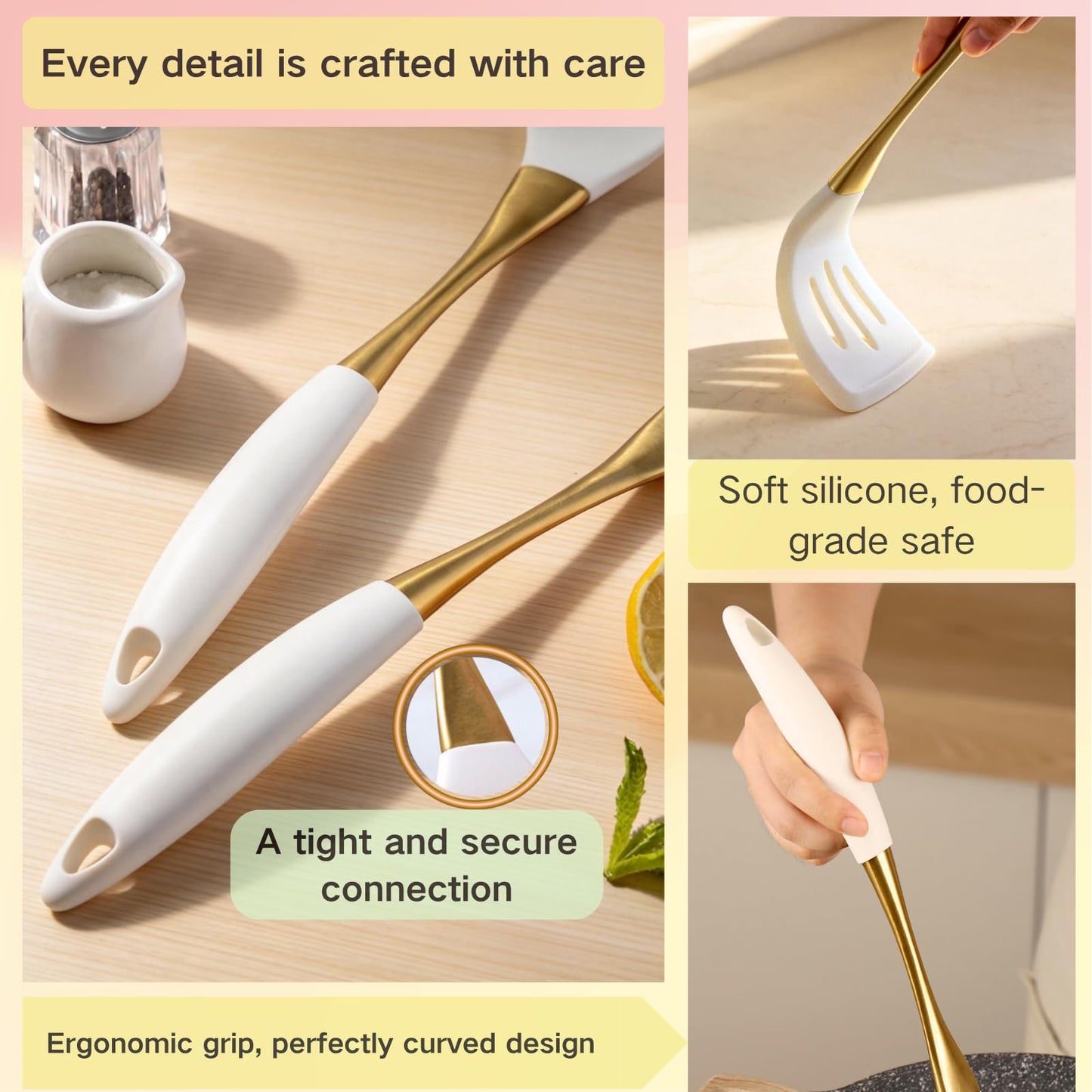 Elegant White Gold Silicone Cooking Utensils Set - Non-Toxic, Dishwasher Safe Kitchen Utensils Set with Heat Resistant Comfort Handles - Includes Spatula & Spoon for Nonstick Cookware