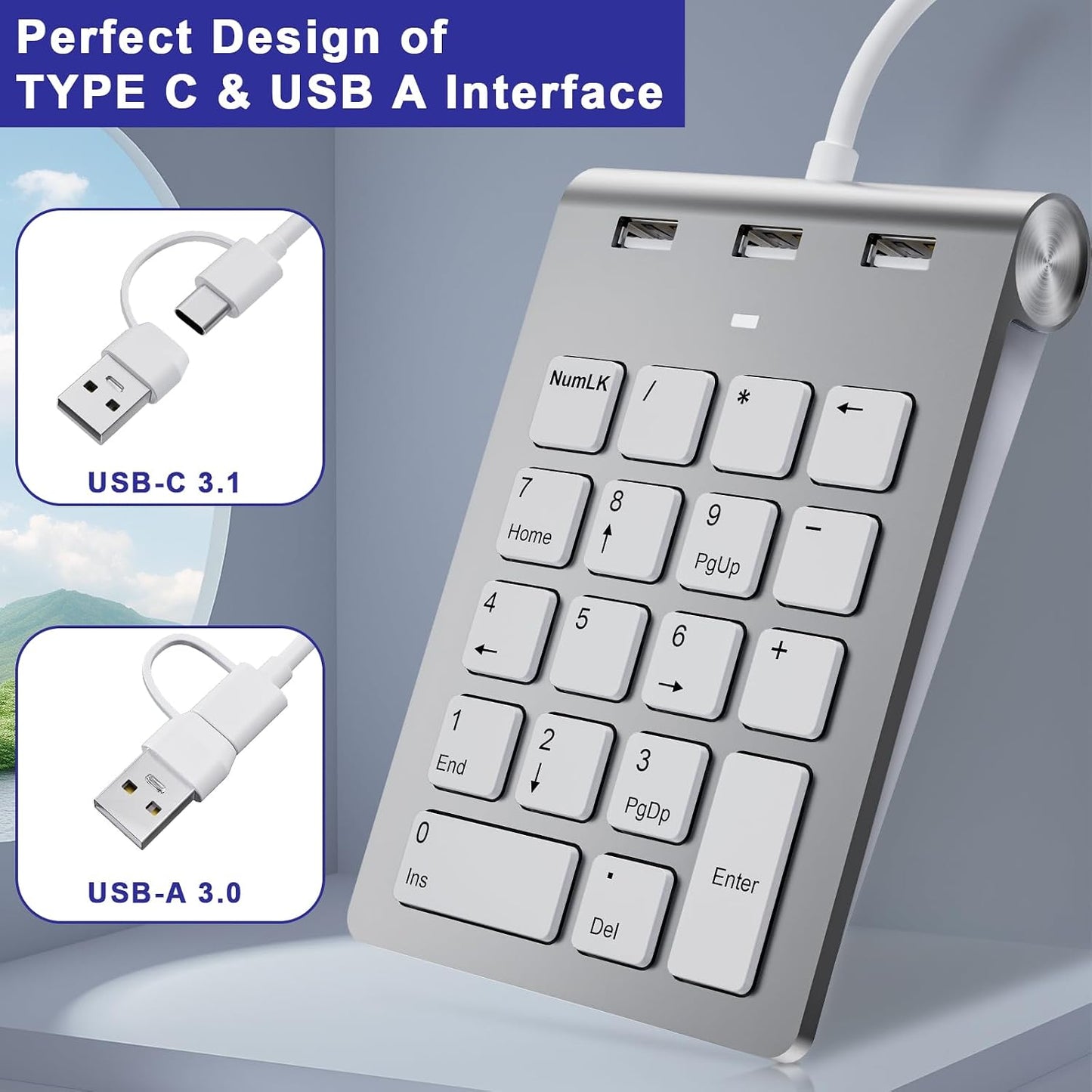Bawanfa Plus 3 2.0 18 USB C Wired Number Pad, USB Numeric Keypad with USB Ports, Key Number Pad Portable Slim Mini