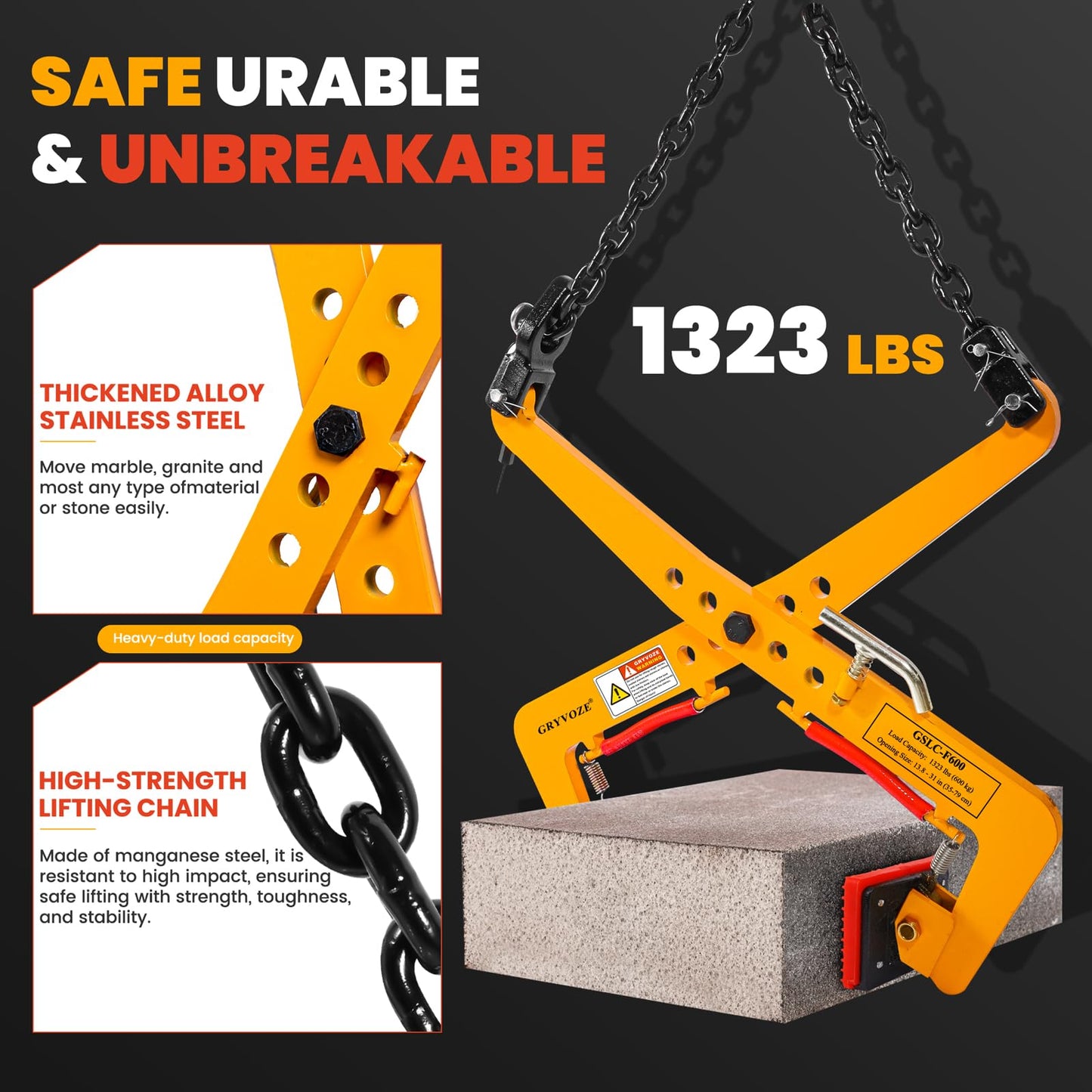GRYVOZE 1323 lbs Stone Lifting Clamp, Adjustable Range: 13.8"-31" Granite Slab Lifting Clamp, Heavy Duty Scissor Clamps for Carrying and Vertical Transport of Concrete Blocks, Slate Sheets Curb Stones