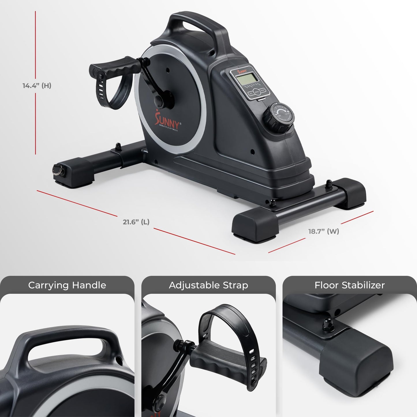 Sunny Health & Fitness Magnetic Compact Under-Desk Mini Exercise Bike, Indoor Full Body Cardio Training Machine w/Resistance Bands, Pedal Exerciser w/Free SunnyFit App Connectivity – SF-B020026SMART