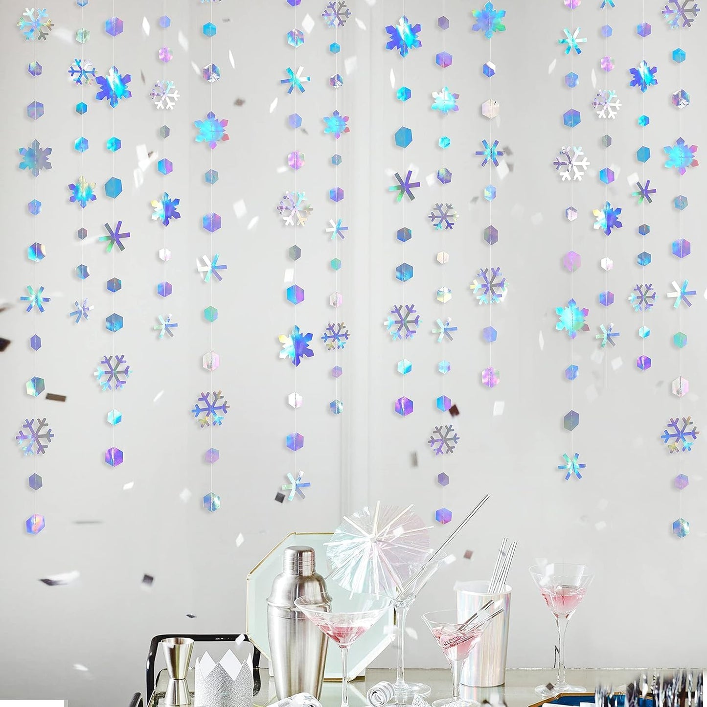 Regine Switzerland Holographic Snowflake Decorations - Iridescent 13-Inch Hanging Garland for Holiday Parties
