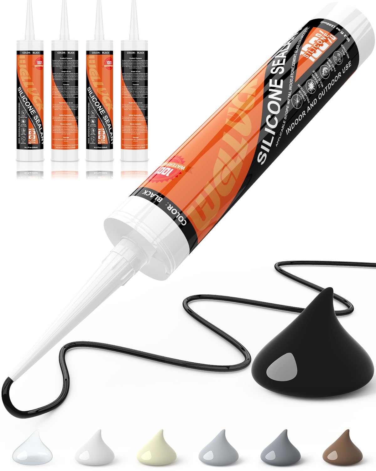 WELLUCK Black Silicone Caulk, 100% Waterproof Silicone Sealant Adhesive Caulking,for RV, Kitchen,Bathroom, Window, Door, Glass, Auto Leak Sealing 10.2FL.OZ/300ML（4 Pack）