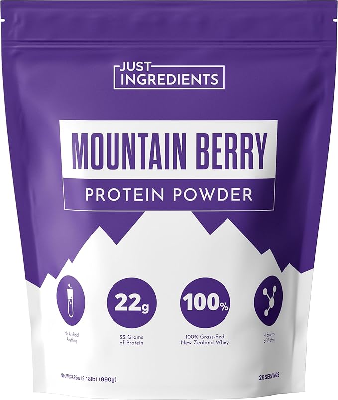 JUST INGREDIENTS Mountain Berry Protein Powder ??30-Serving Blend with 100% Grass-Fed Whey & Organic Plant Proteins ??Mixed Berry Flavor with Real Fruit ??Supports Muscle Recovery, Energy*
