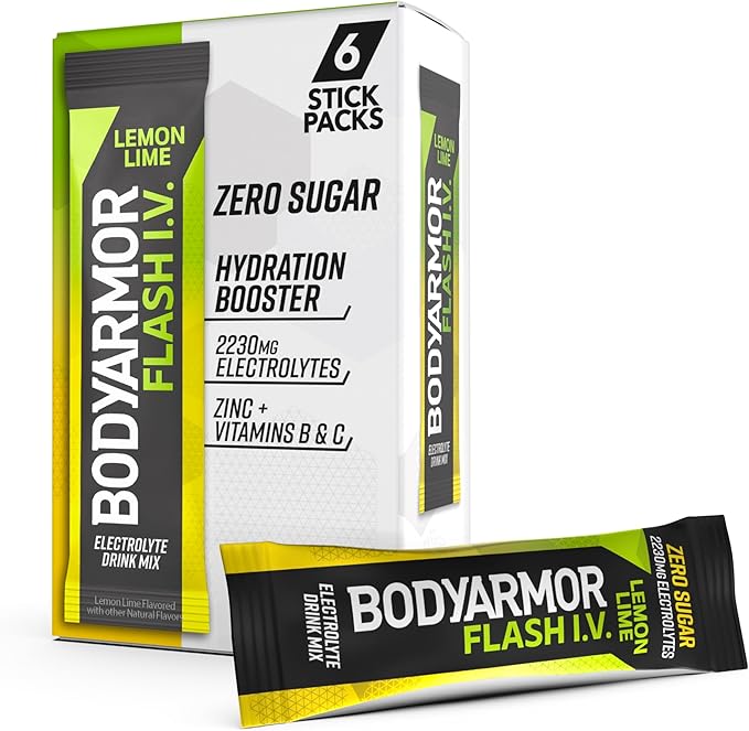 BODYARMOR Flash IV Electrolyte Packets, Lemon Lime - Zero Sugar Drink Mix, Single Serve Packs, Coconut Water Powder (6 Count)