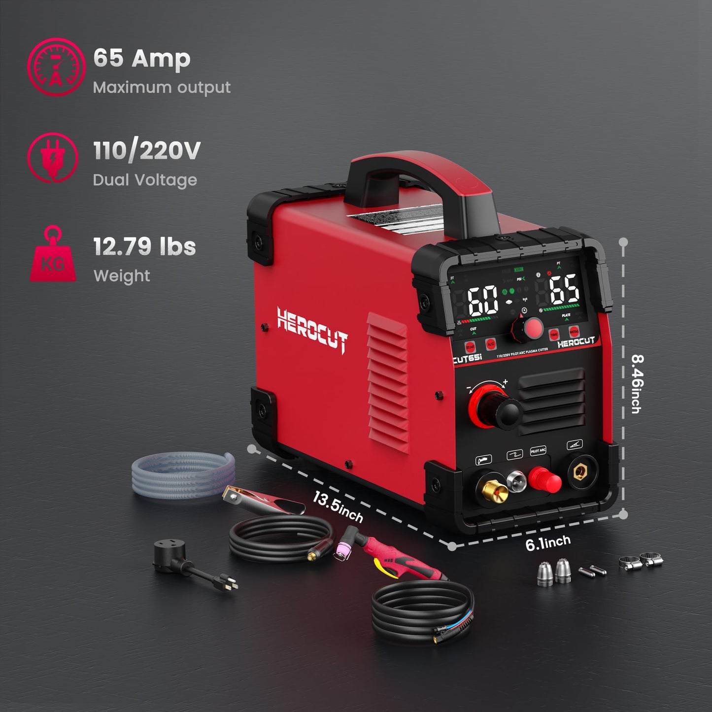 Plasma Cutter, 65Amps HEROCUT Plasma Cutter Machine CUT65i, Non-Touch Pilot Arc, 110/220V Dual Voltage IGBT Inverter, Screen Display, Air Sensor, 20mm Max Cutting Thickness, 2T/4T for Beginners DIY