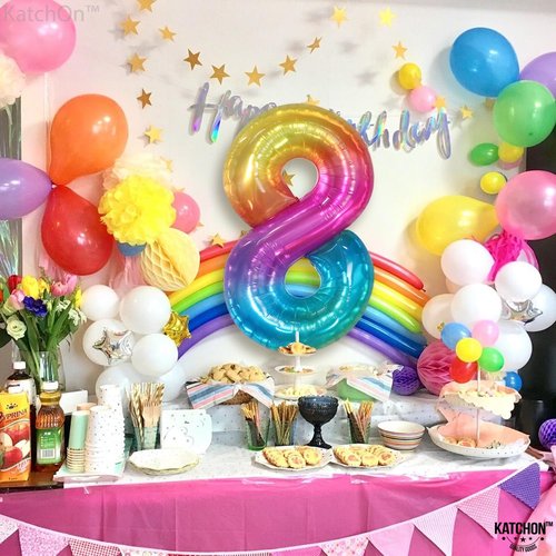 KatchOn Giant Rainbow Number 8 Balloon - 40 Inch Colorful Tie Dye Design for Birthday & Anniversary Celebrations