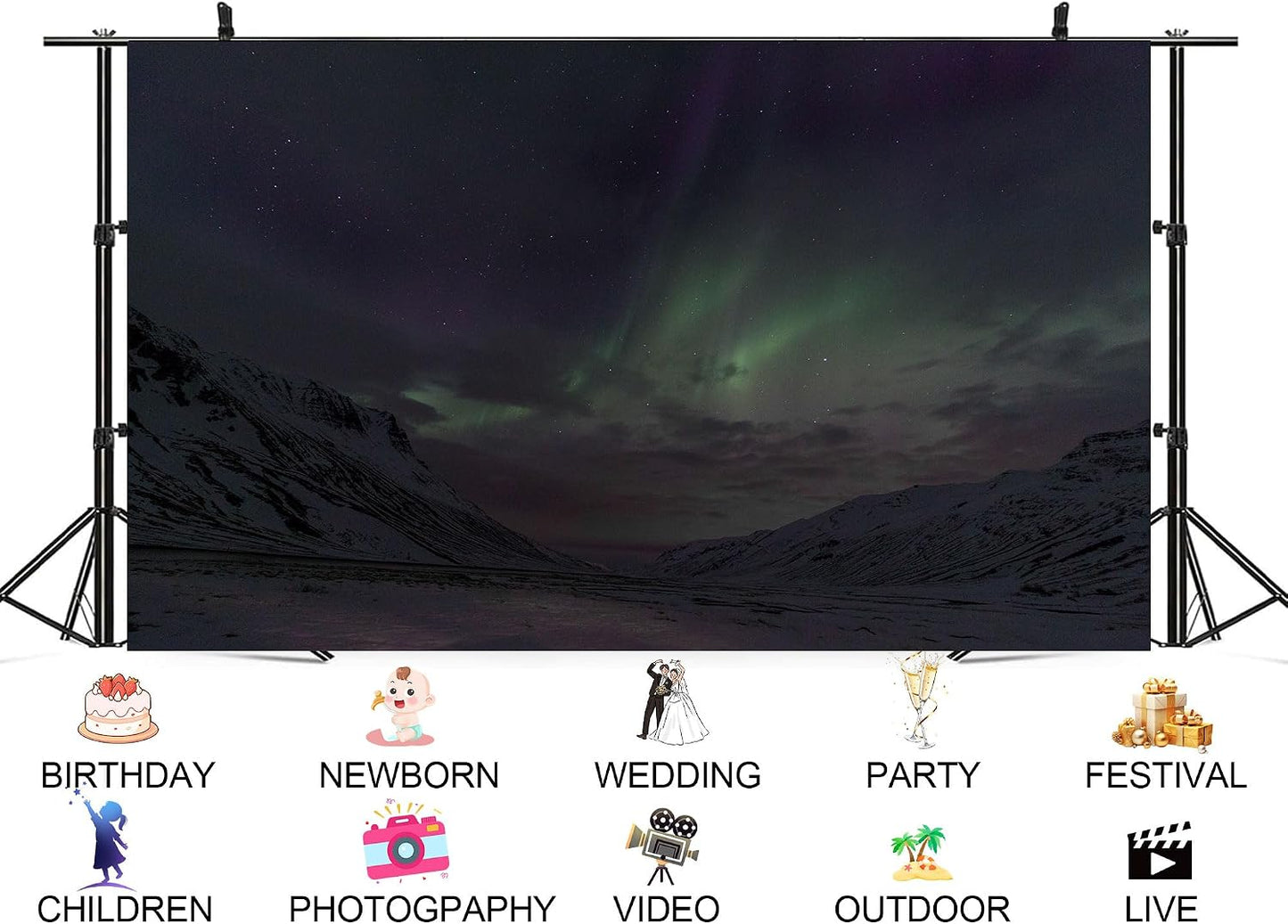 UPXIO 10x8ft Aurora Borealis Snowy Mountain Backdrop Starry Night Sky and Green Northern Lights Photo Background