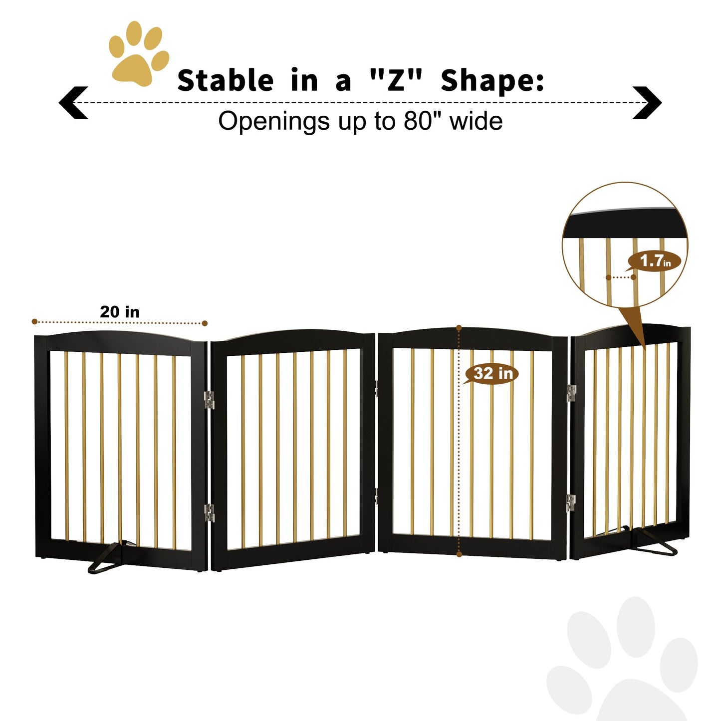 PUPETPO Freestanding Pet Gate for Dogs, Foldable Wooden Dog Gate for House, Indoor Dog Gate for Stairs, Doorways, Step Over Pet Puppy Safety Fence, 80 Inch Wide, 4 Panels 24", Black & Gold