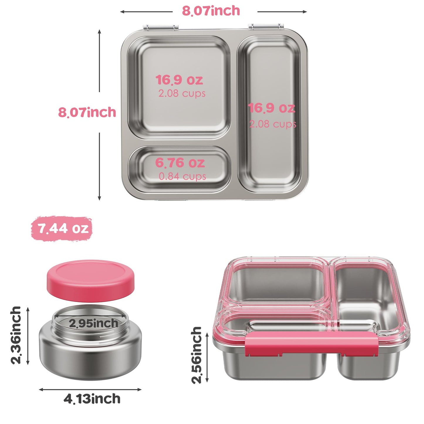 Pawtong Stainless Steel Bento Box Kids Adult with 7oz Insulated Food Jar, Transparent Lid Metal Lunch Box With Soup Thermal Jar, Lunch Box Container with Removable Divider & Sauce Cup School (Pink)