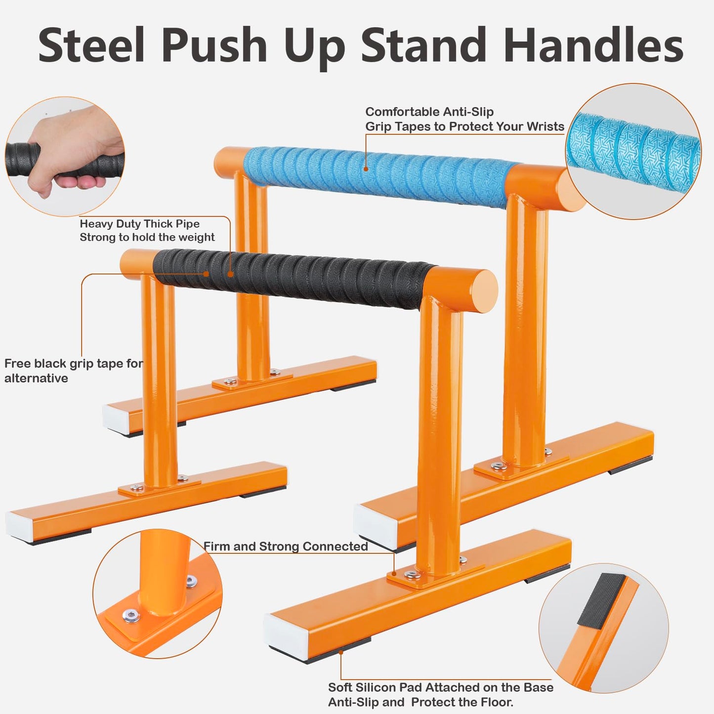 Purife Orange Strength Training Parallettes Push Up Bars, Pushup Handles Calisthenics Equipment for Home Workout, Anti-slip Gymnastics Bars, Handstand & Dip Bar for Outdoor Exercise