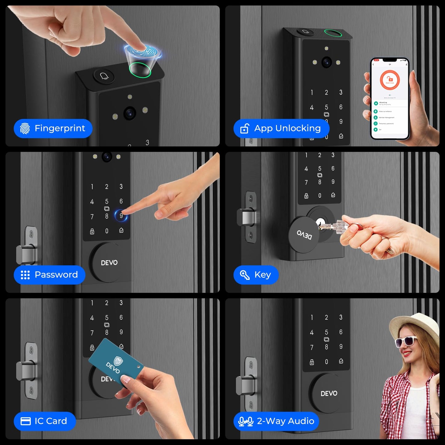DEVO G1 Rechargeable Keyless Entry Deadbolt- 6-in-1 Smart Lock with Camera & Doorbell, Wi-Fi Smart Door Lock for Front Door with Fingerprint, Auto Locks, App Remote Black