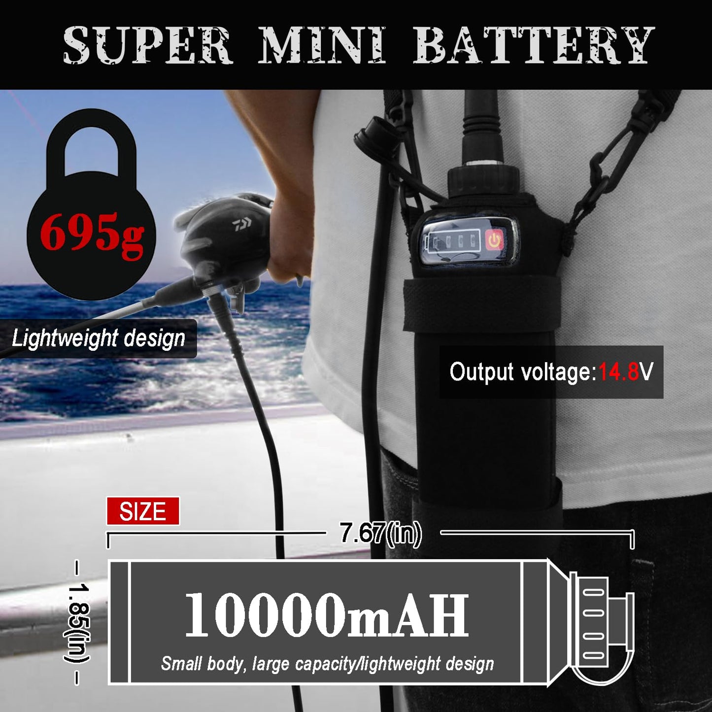 MAG CRUISE 10Ah Sea Fishing Reel Battery and Accessories for Daiwa Tanacom Seaborg Leobritz Shimano Electric Fishing Reel Battery (Free 2m Power Cord) (Silver)