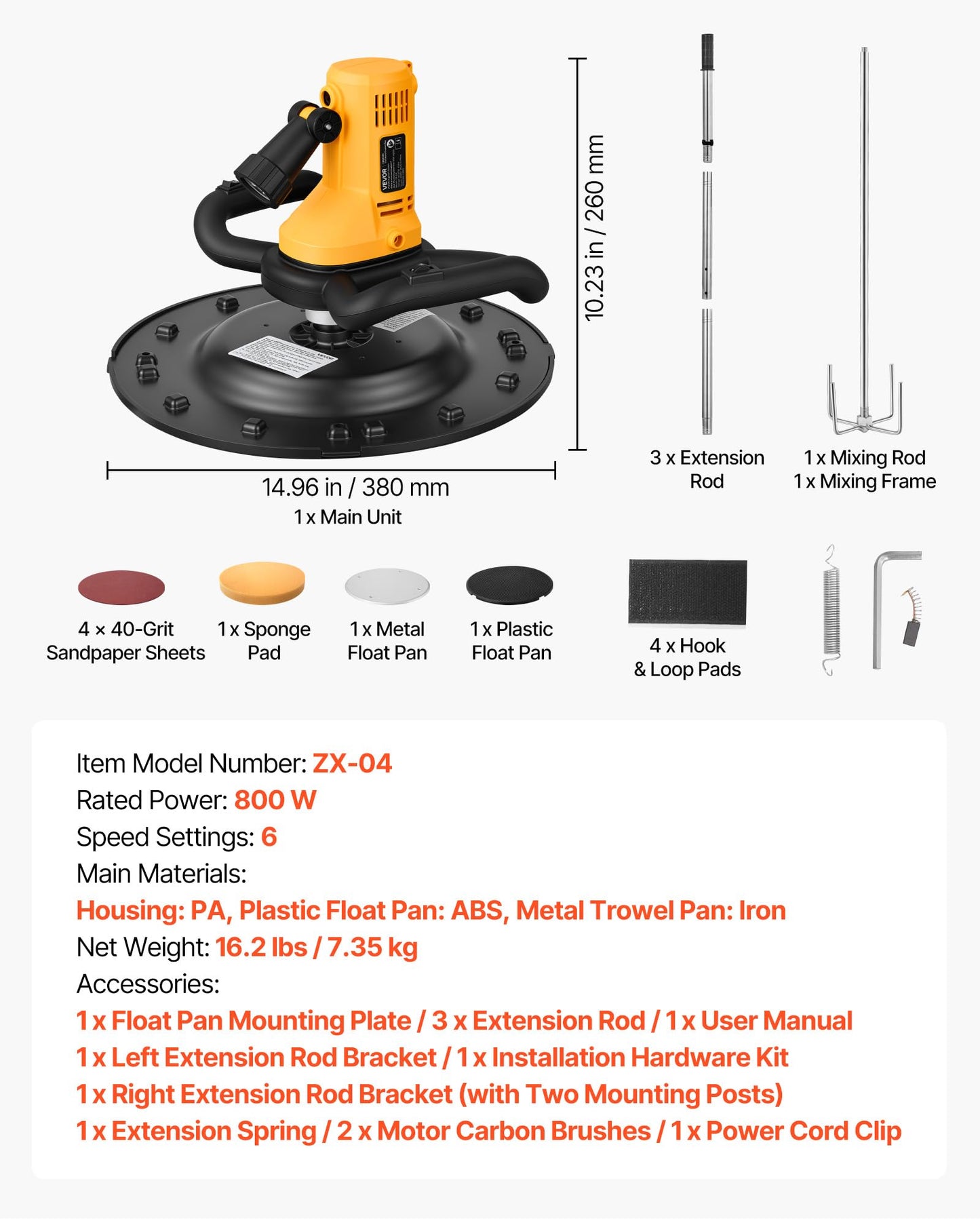 VEVOR Electric Power Trowel, 800W Concrete Finishing Machine Corded with Mixing Rod, 6-Speed Adjustable 120–200 RPM, Steel & Plastic Trowel Discs, Extension Handle, Floor Smoothing Cement Finisher