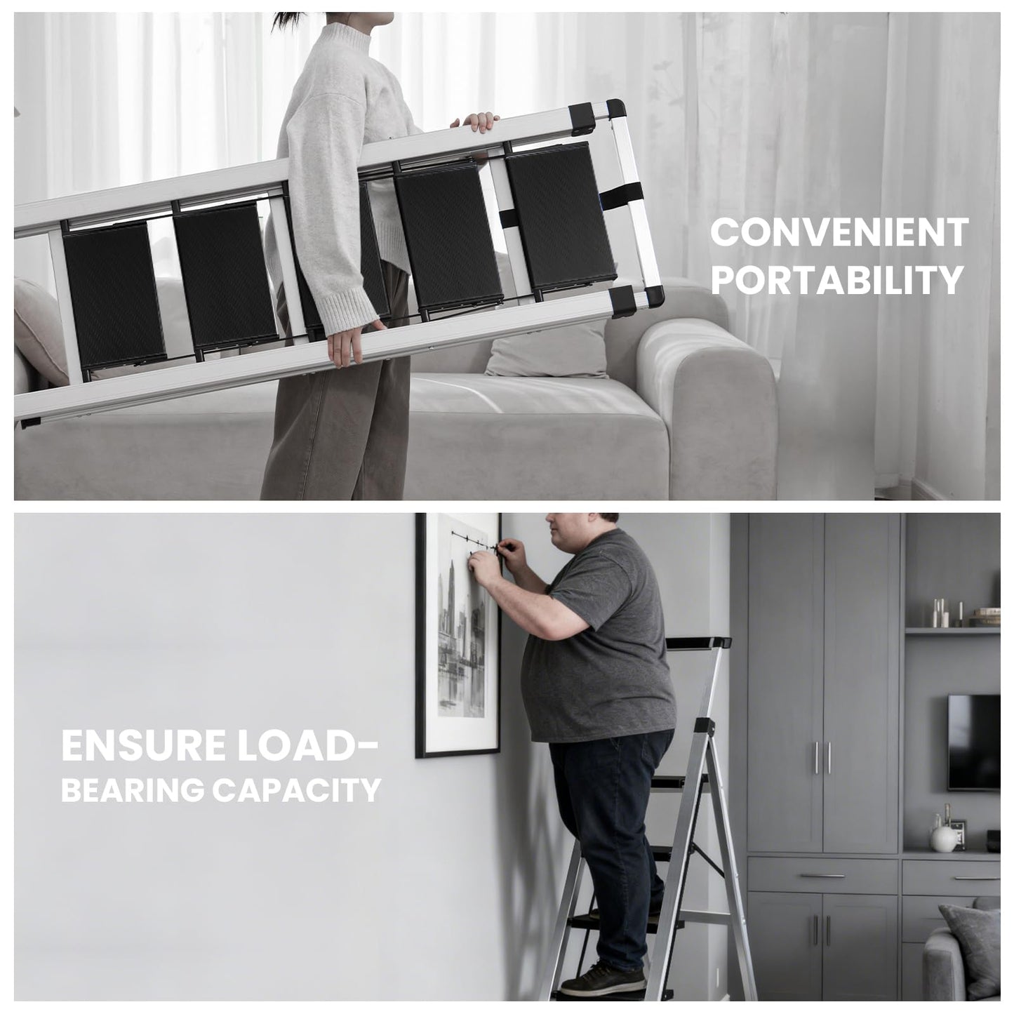 XinSunho 4 Step Ladder, Aluminum Folding Stool with Retractable Handrails & Tool Tray, Anti-Slip, Sturdy Lightweight, 330lbs Safety for Kitchen Indoor Outdoor