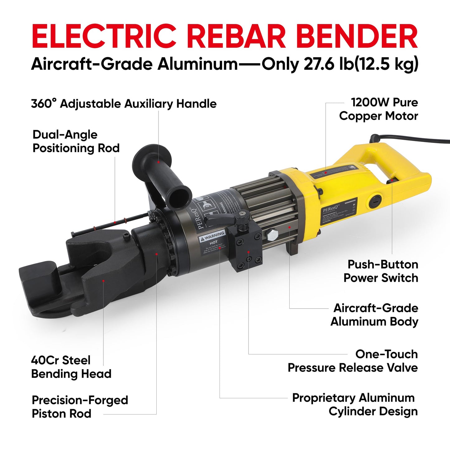 PEResQ Electric Rebar Bender, 5/8 Inch (16 mm) Hydraulic Portable Rebar Bending Machine, 1200W 120V, 2–2.5 s Fast Bending, 27.6 lb, Model RB-16 (Yellow)