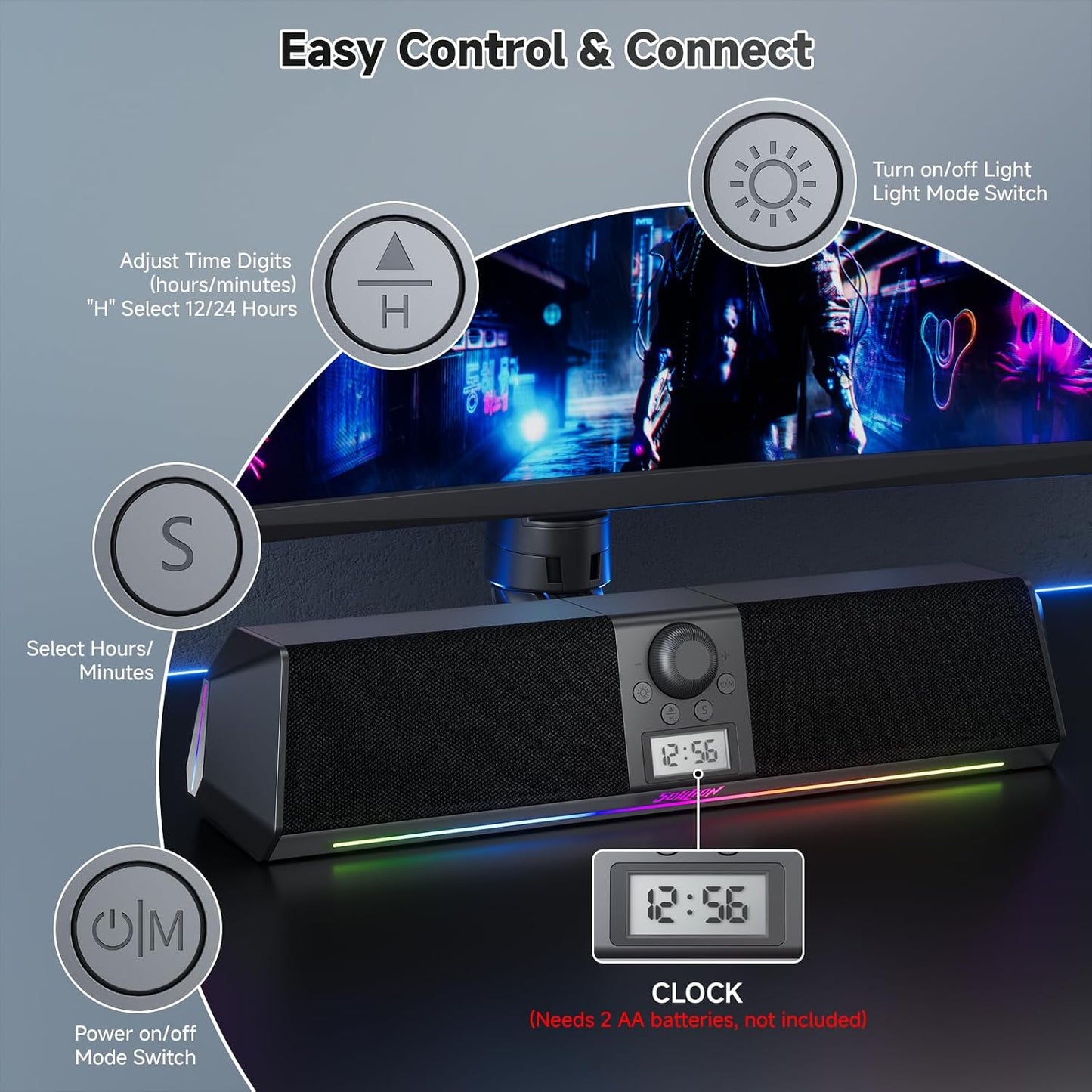 SOULION R80 Bluetooth Computer Speakers, USB Plug & Play PC Speakers with Digital Clock Display, Clear Sound Soundbar