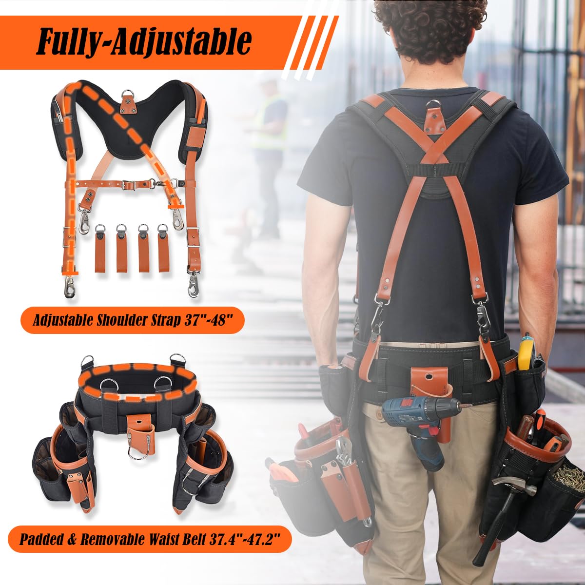WELKINLAND Top-Grain Leather Tool Belt With Suspenders, Heavy-Duty Leather Tool Belts With Suspender, 22-Pocket Carpenter Pouches For Construction, Comfy Roofing Tool Belt, Framers Tool Belts