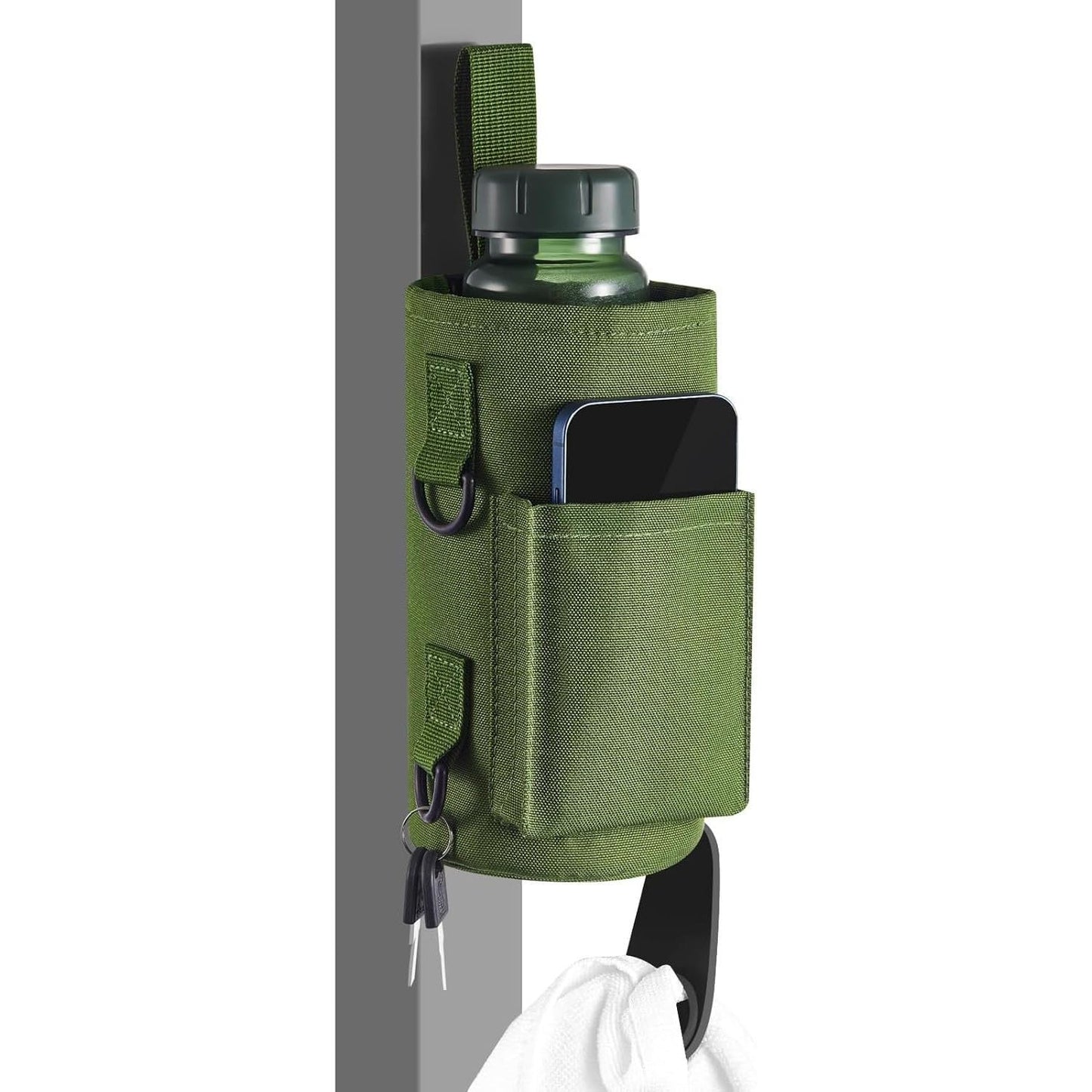 Magnetic Gym Bag with Phone Pocket Water Bottle Holder – 6 Built-in Magnets for Hands-Free Use – Ideal for Workouts, Outdoor, Travel – Securely Attaches to Equipmen (Olive Green)
