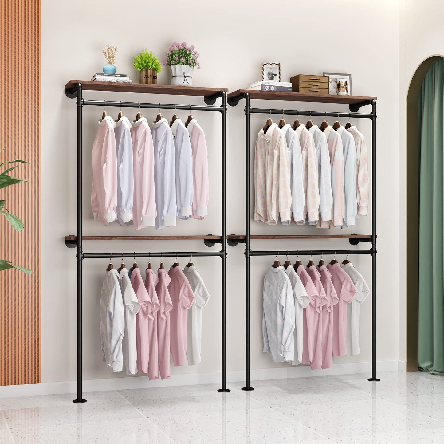 DR.IRON Industrial Pipe Clothing Racks with 2 Tier Shelves, Wall Mounted Black Clothes Rack with Double Hanging Rods Heavy Duty Garment Storage Rack Display Racks Rod for Clothes,Laundry Room