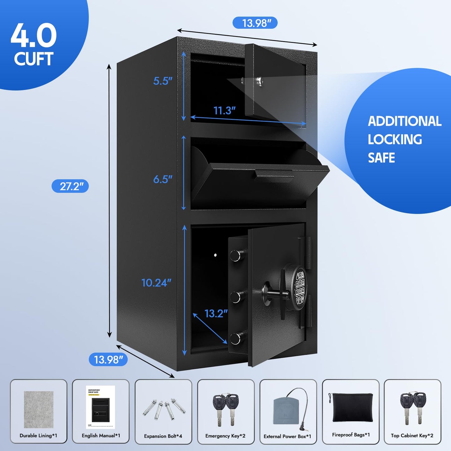 Drop Safe for Business Money Safes with Drop Slot 4.0 CUB Cash Depository Safes Box with Additional Locking Safe Anti-Fishing and Digital Combination for Home Office Hotel Restaurant Liquor Store