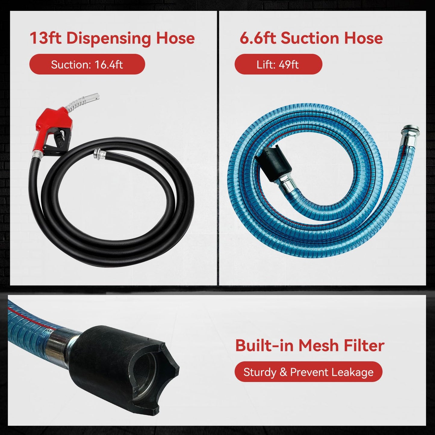 Electric Diesel Transfer Pump Kit - 110V, 550W, 16 GPM Electric Fuel Transfer Pump With Automatic Nozzle, Mechanical Fuel Meter, 13 Feet Dispensing Hose and 6.6 Feet Suction Hose