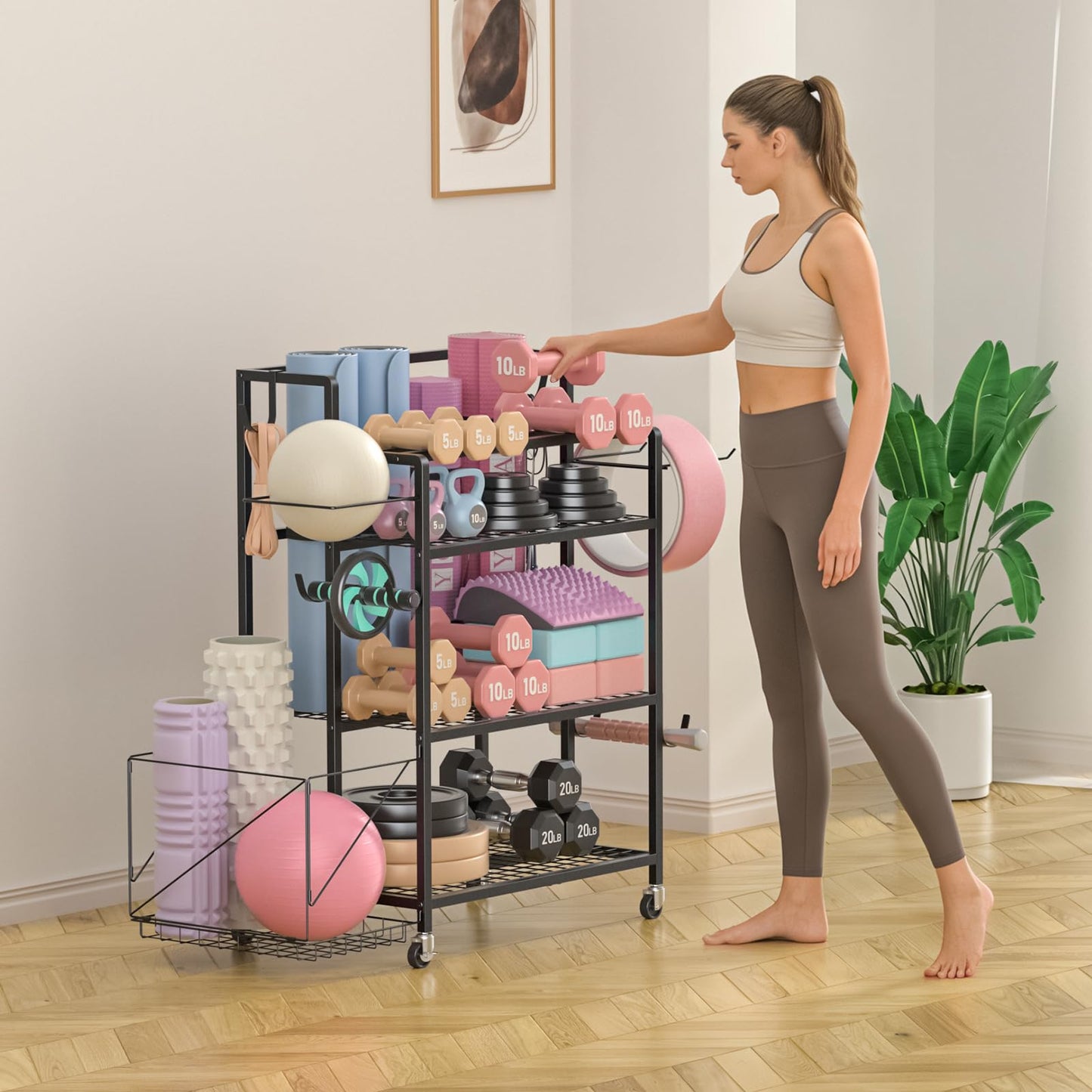 GloCryp Home Gym Storage Rack, Multi-functional Workout Equipment Storage for Dumbbells, Kettlebells & Yoga Mats, Heavy Duty Weight Rack for Home Garage Gym, Rolling Fitness Equipment Organizer with Hook