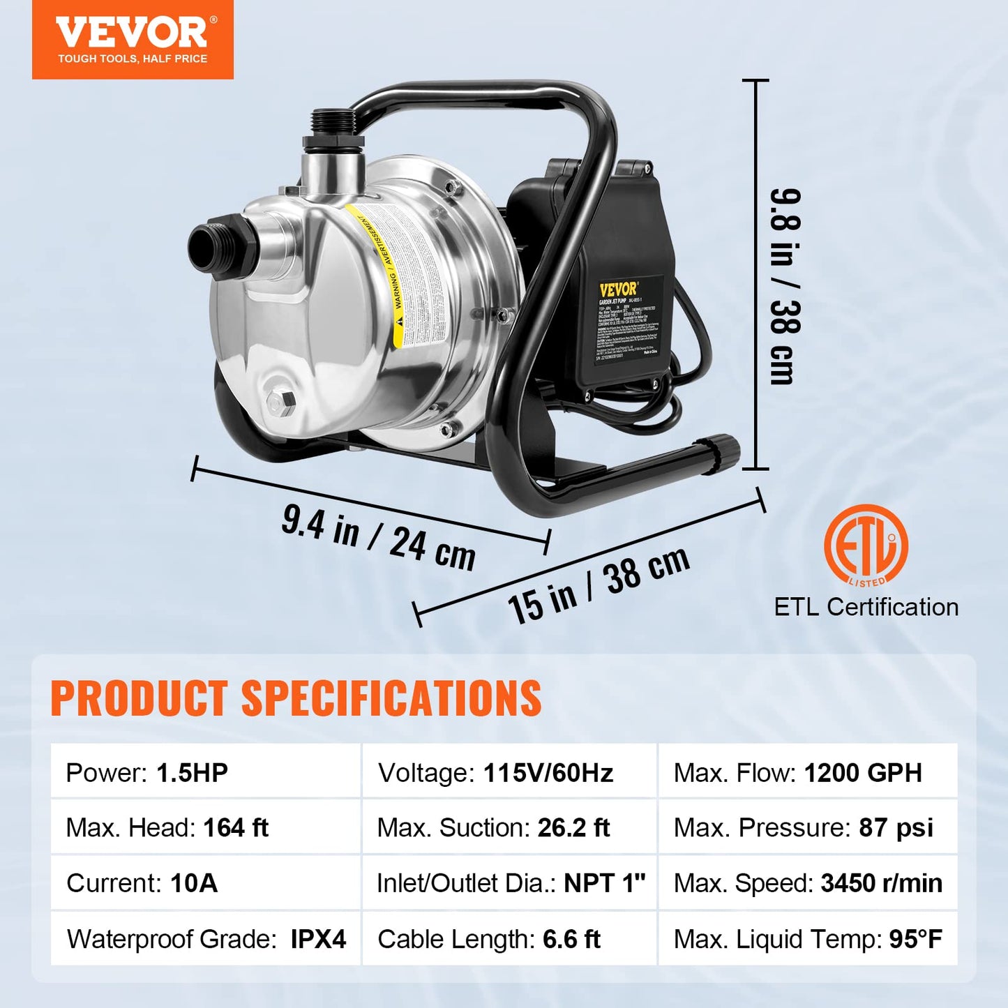 VEVOR Shallow Well Pump,Garden Jet Pump, 1.5 HP 115V, 1200 GPH 164 ft Height, Stainless Steel Sprinkler Booster Jet Pumps for Garden Lawn Irrigation system, Lake Fountain, Water Transfer