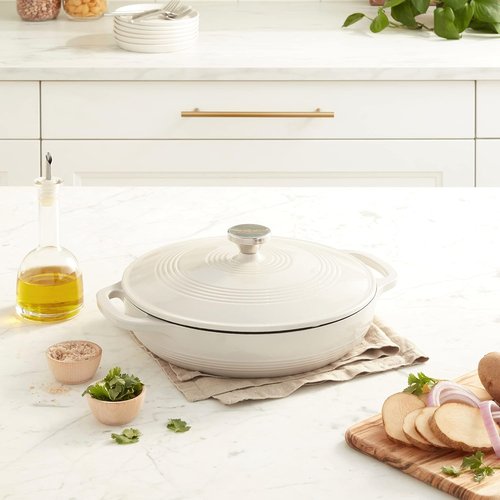Lodge Enameled Cast Iron Round Casserole - 3.6 Quart with Lid & Dual Handles - Oven Safe to 500°F - Oyster White