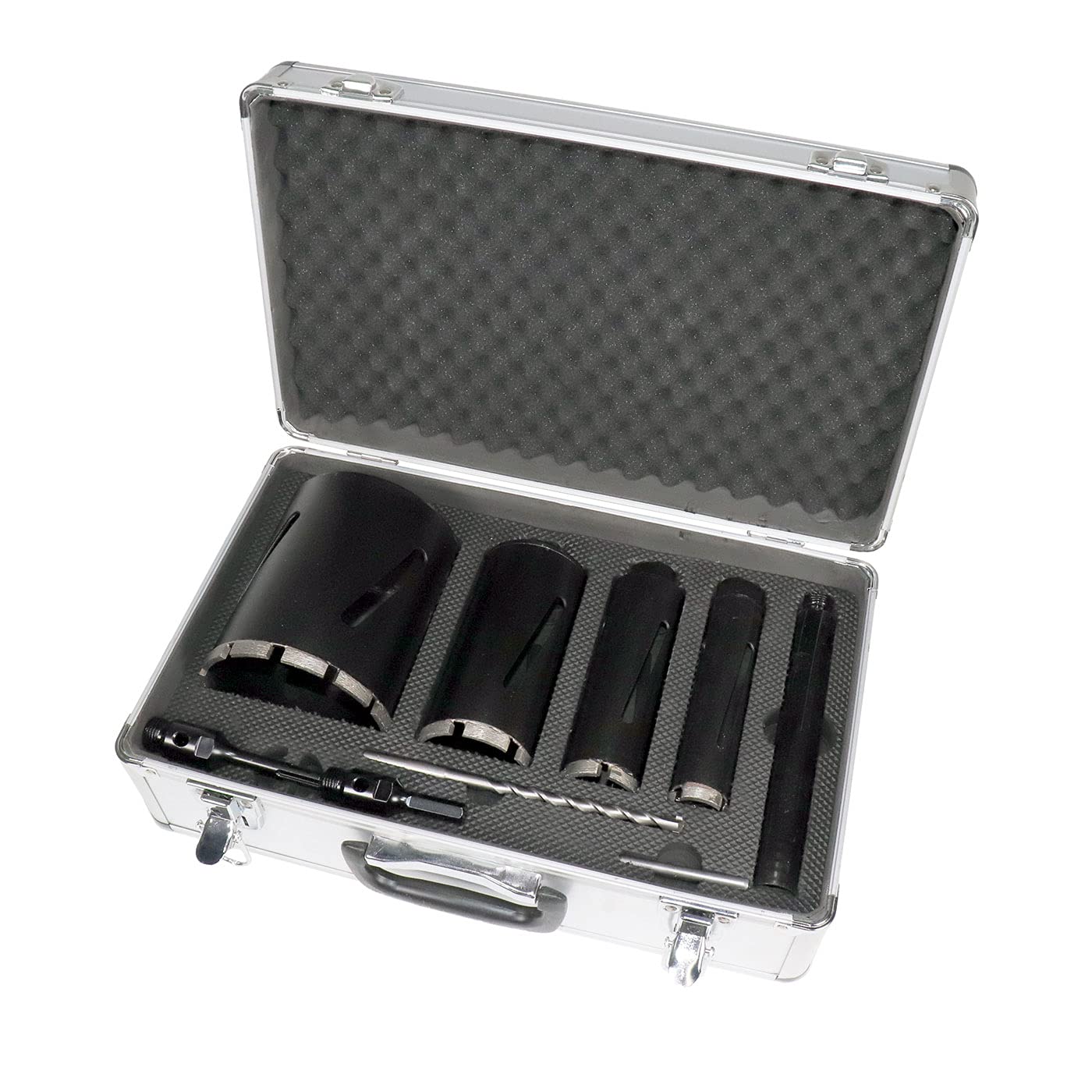 Steel Dragon Tools 4-Piece Dry Diamond Core Drill Bit Kit with Case – 1.5", 2", 3", 5" Bits 6" Depth Laser-Welded Segments Includes SDS & Hex Adapters Pilot Bit Drift Key Aluminum Storage Case