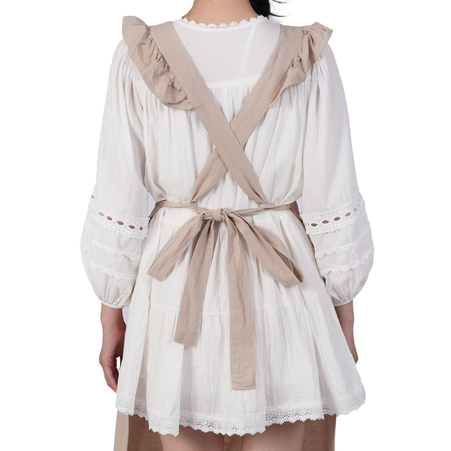 Aoomzoon Vintage Aprons for Woman with Pockets Cute Lace Ruffle Adjustable Apron for Cooking Kitchen Baking Gardening (Beige)