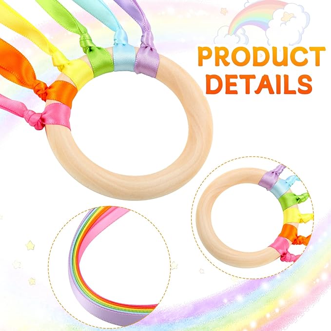 Junkin Ribbon Rings Hand Kite Waldorf Toys Dancing Wrist Ribbons Rainbow Streamers with Wood Ring Sensory Learning Educational Toy for Playroom Dancing Birthday Party Gift(Fresh,24 Pcs)