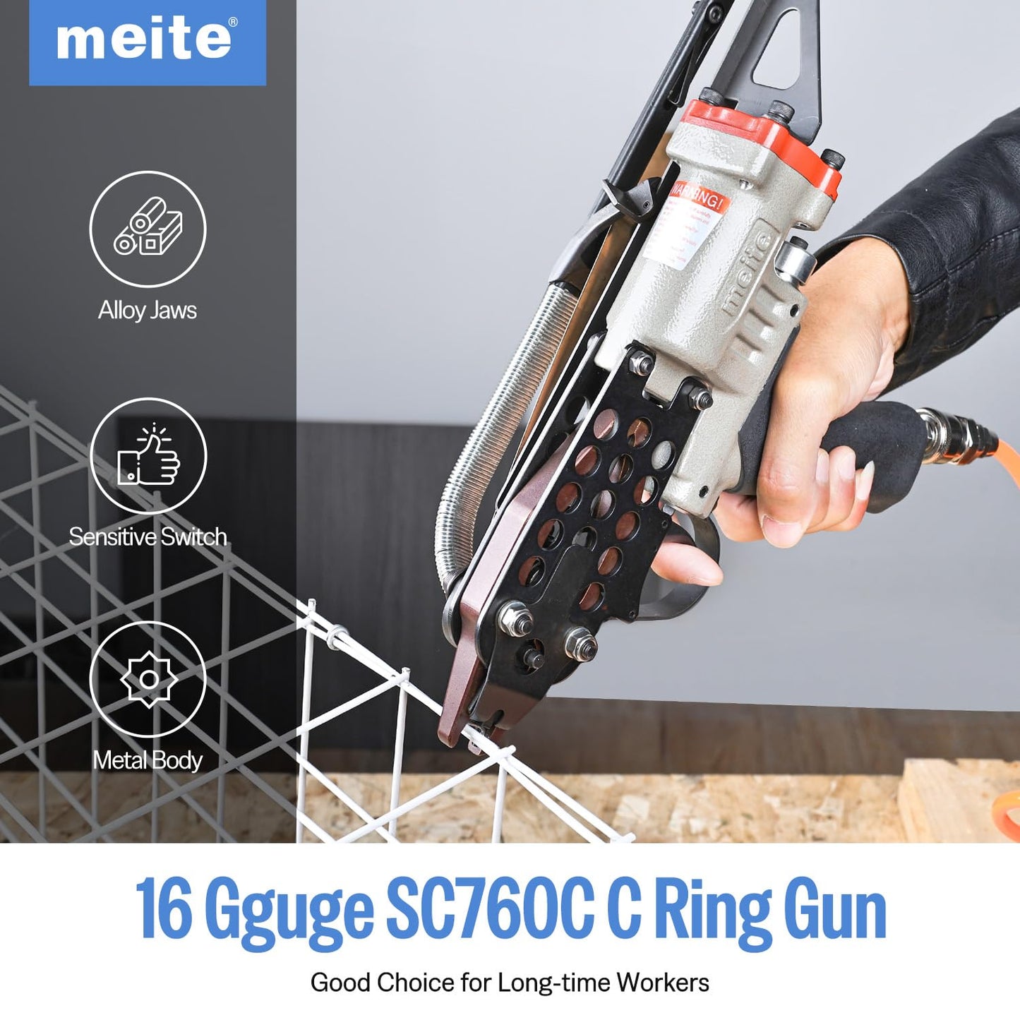 meite SC760C Pneumatic Hog Ring Gun, 16 Gauge 1/2" Crown Hog Ring Pliers, 2.6–3.6 mm Closure, Air C Ring Stapler for Fencing, Upholstery, Pet Cages, and Bag Sealing