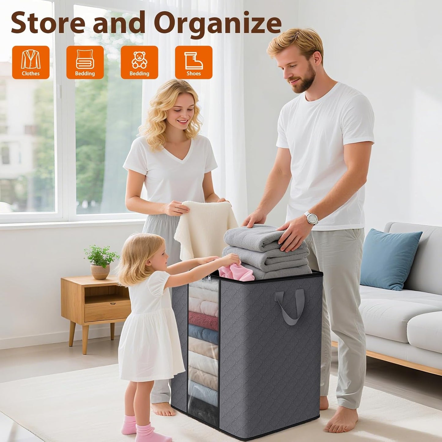 SpaceWhisper 100L Clothes Storage Bags - Foldable Thick Fabric Organizers for Bedroom & Closet | Grey 3-Pack
