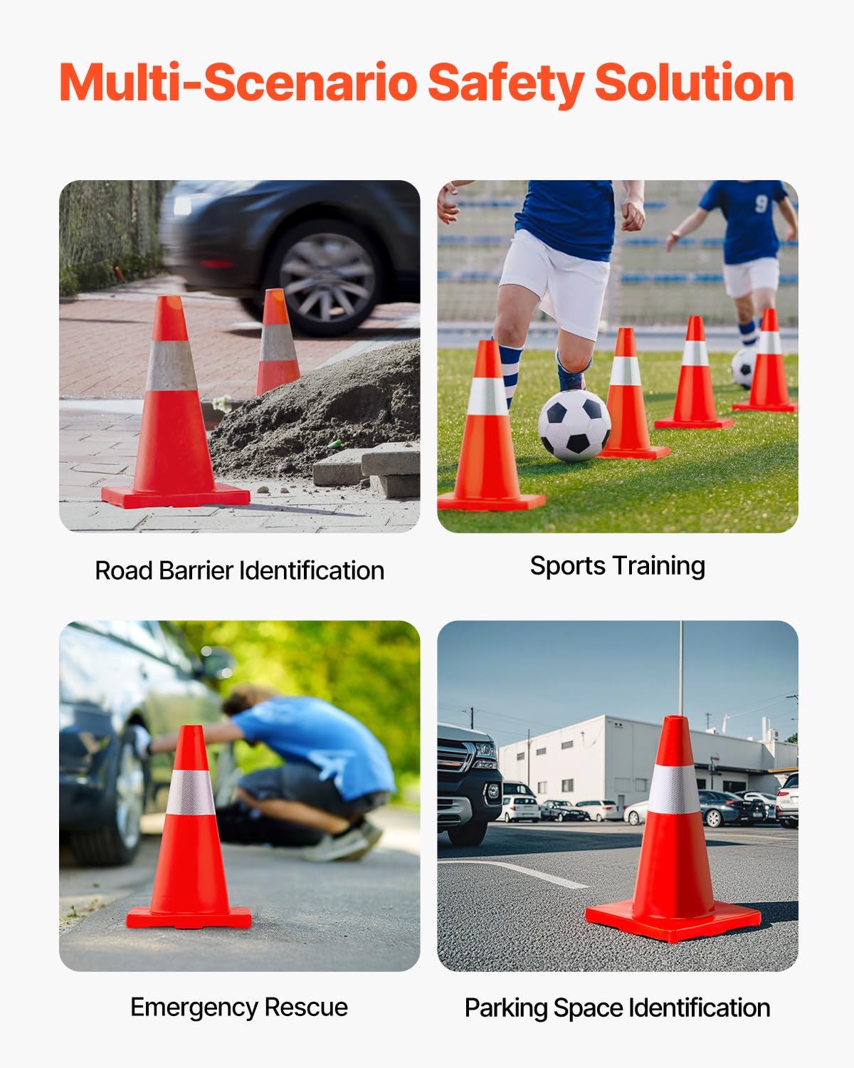 VEVOR 12Pack 18" Traffic Cones, Safety Road Parking Cones PVC Base, Orange Traffic Cone with Reflective Collars, Hazard Construction Cones for Home Traffic Parking