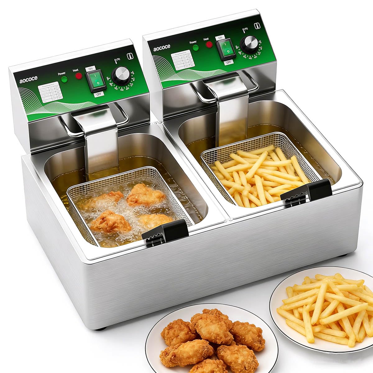 10L+10L (10.57QT+10.57QT) Dual Electric Fryer with 2 Baskets - 3400W Stainless Steel, One-Touch Switch & Temp Control, Commercial Countertop Frye