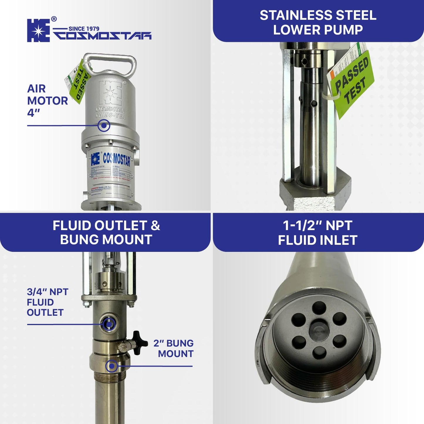 COSMOSTAR P1302 5:1 55 Gallon Air Operated Pneumatic Piston Pump, Stainless Steel Type, Drum Length, Teflon Packing, Oil Chemical Transfer Pumps, 2.2 GPM/ 8.55 LPM, Max. Fluid Pressure 580 PSI